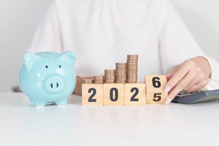 2025 end year to Happy New Year 2026 with piggy bank. Resolution, Goals, Plan, Action, Money Saving,...