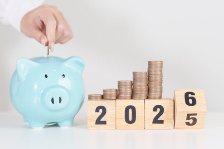 2025 end year to Happy New Year 2026 with piggy bank. Resolution, Goals, Plan, Action, Money Saving,...