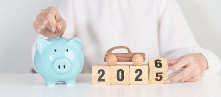 2025 end year to Happy New Year 2026 with car model and Coins Money stack for deposit and Automobile...