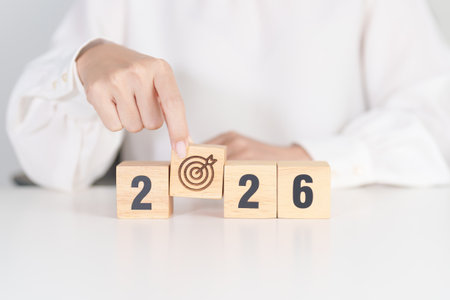 2026 year block with dartboard icon. Goal, Target, Resolution, strategy, plan, Action, mission,...