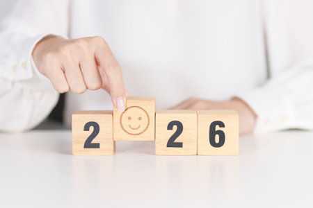 Happy New Year 2026 with Smile block. Satisfaction, feedback, Review, mental health, eco sustainable...