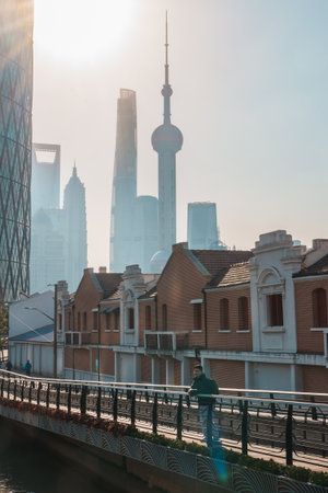 man traveler visiting in Shanghai, China. male Tourist with backpack sightseeing Shanghai view of...