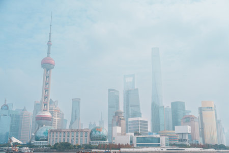 Cityscape view of Shanghai city in the morning. Skyscraper of Lujiazui in Pudong, view from The Bund...