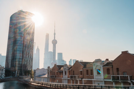 Cityscape view of Shanghai city in the morning. Skyscraper of Lujiazui in Pudong, view from Hongkou...