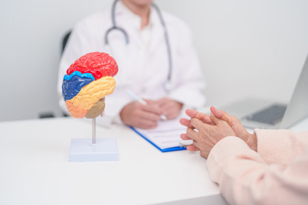 Elderly Patient consulting Doctor to Brain disease, Senior Health Medical Diagnosis. Anatomy Brain...