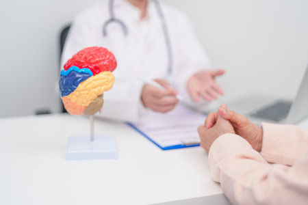 Elderly Patient consulting Doctor to Brain disease, Senior Health Medical Diagnosis. Anatomy Brain...