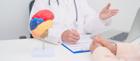 Elderly Patient consulting Doctor to Brain disease, Senior Health Medical Diagnosis. Anatomy Brain...