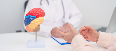 Elderly Patient consulting Doctor to Brain disease, Senior Health Medical Diagnosis. Anatomy Brain...