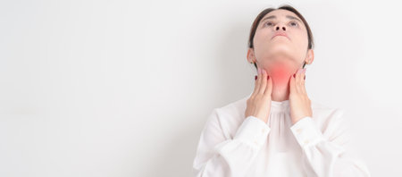business Woman checking Thyroid gland disease. Hand holding Neck pain and Sore Throat....