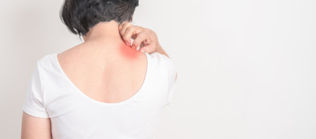 Elderly woman itching Neck and body scratching for Skin Allergy from insect bite and food...