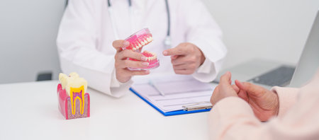 Elderly Patient consulting Dentist to Tooth disease, Senior Health Medical Diagnosis. Anatomy teeth...