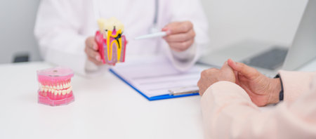 Elderly Patient consulting Dentist to Tooth disease, Senior Health Medical Diagnosis. Anatomy teeth...