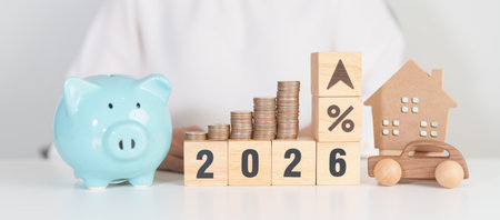 2026 New Year with percentage change to UP and Down arrow, car and Home model with coin stack. Car...