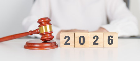 Happy New Year 2026 with judge gavel on table. Law, judgment, justice auction and bidding concept