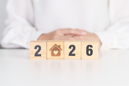 2026 with Home and Heart block. Property investment, House Mortgage, Real Estate tax, homeless,...