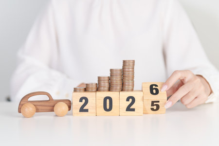 2025 end year to Happy New Year 2026 with car model and Coins Money stack for deposit and Automobile...