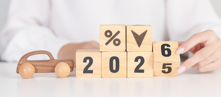 2026 New Year with percentage change to UP and Down arrow with car model. Car loan, Interest rate,...