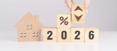 2026 New Year with percentage change to UP and Down arrow with Home model. Real estate Mortgage,...