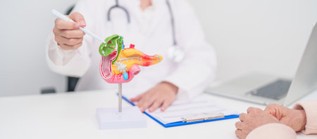 Elderly Patient consultation with doctor for Pancreas, Gallbladder, Bile Duct, Duodenum, Small...