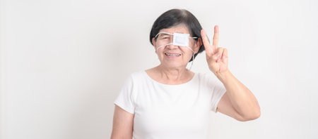 Elderly Woman with Eye protecting by Eye Pad for concepts of Eye disease, Cataract, Glaucoma, Age...