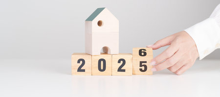 2025 end year to Happy New Year 2026 with house model. real estate, Home loan and mortgage, tax,...