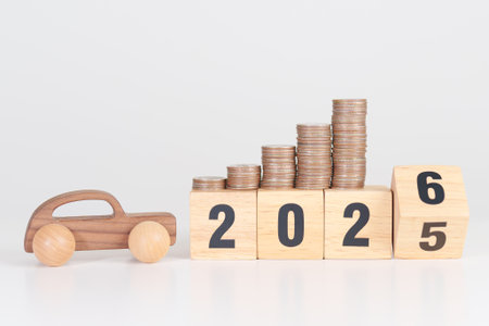 2025 end year to Happy New Year 2026 with car model and Coins Money stack for deposit and Automobile...