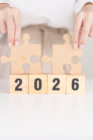 2026 year block with jigsaw puzzle icon. Business Process, Team, teamwork, Goal, mission, Resolution, strategy, plan, Action, partnership, and New Year startの写真素材