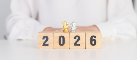 Happy New Year 2026 year block with horse chess. Year of the Horse, animals of the Chinese zodiac,...