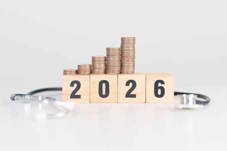 Happy New Year 2026 with doctor Stethoscope, coins stack and red heart on table. health care, Money saving, Goal, Resolution, health Insurance, Wellness and medical conceptの写真素材