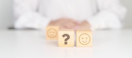 Good Emotion face with Question block, Mental health Assessment, Psychology, Health Wellness, Feedback, Customer Review, Experience, Satisfaction Survey, Opinion, Evaluation and World Mental Healthの写真素材