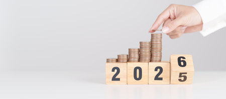 2025 end year to Happy New Year 2026 with Coins stack. Money, Budget, tax, investment, financial,...