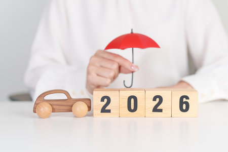 Happy New Year 2026 with red umbrella. car Insurance, Financial, vehicle Repair and Maintenance,...