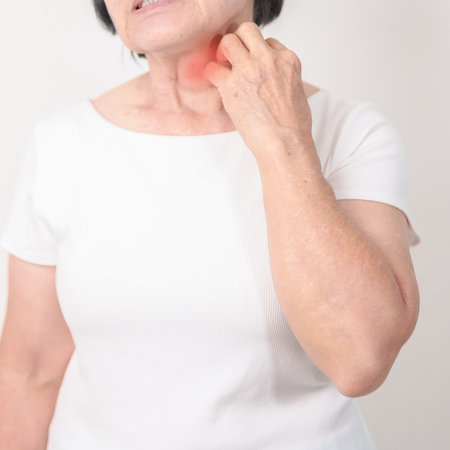 Elderly woman itching Neck and body scratching for Skin Allergy from insect bite and food...