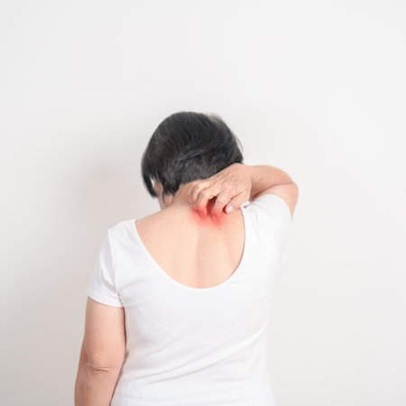 Elderly woman itching Neck and body scratching for Skin Allergy from insect bite and food...