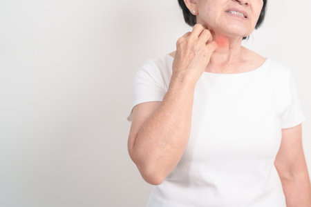 Elderly woman itching Neck and body scratching for Skin Allergy from insect bite and food...