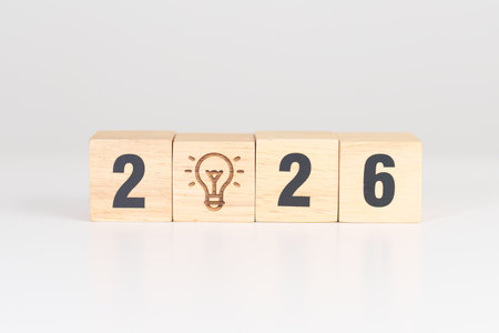 2026 year block with lightbulb. Business Idea, Creative, Thinking, brainstorm, Goal, Resolution,...