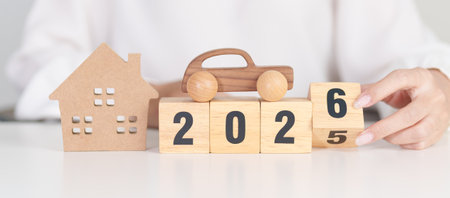 2025 end year to Happy New Year 2026 with house and Car model. real estate, Home mortgage and car...