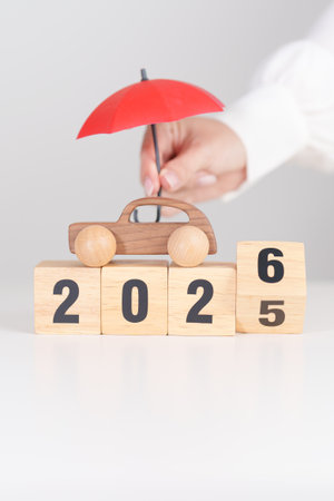 2025 end year to Happy New Year 2026 with red umbrella. car Insurance, Financial, vehicle Repair and...