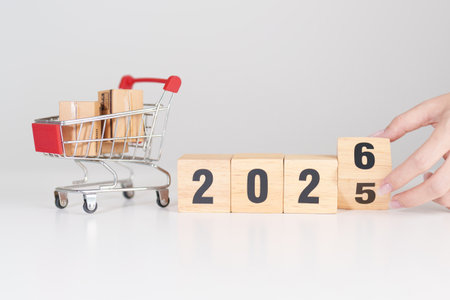 Happy New Year with shopping cart. online shopping, Marketplace platform website, technology, ecommerce, shipping delivery, logistics and online paymentの写真素材