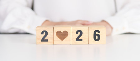 Happy New Year 2026 with heart block for health care, love, organ donation, resolution, charity, happy family, wellbeing and insurance conceptsの写真素材
