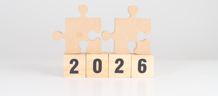 2026 year block with jigsaw puzzle icon. Business Process, Team, teamwork, Goal, mission, Resolution, strategy, plan, Action, partnership, and New Year startの写真素材