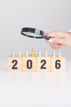 2025 end year to Happy New Year 2026 with magnifying glass and people. hiring, employee, recruitment, job, SEO and jobless, Human resource management, Recruitment, leadership and toxic peopleの写真素材