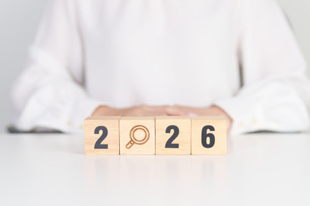 2026 year block with magnifying glass icon. SEO, Search Engine Optimization, hiring , Advertising, Idea, Strategy, marketing, Keyword, Content and New Year start conceptsの写真素材