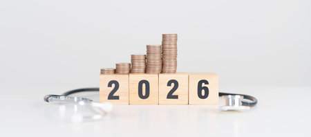 Happy New Year 2026 with doctor Stethoscope, coins stack and red heart on table. health care, Money saving, Goal, Resolution, health Insurance, Wellness and medical conceptの写真素材