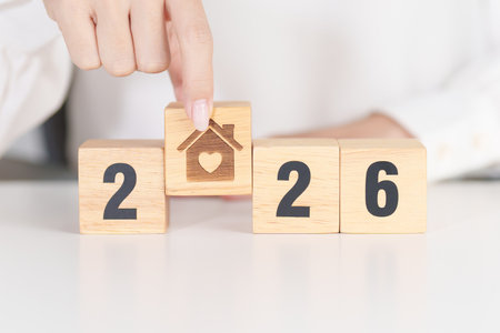 2026 with Home and Heart block. Property investment, House Mortgage, Real Estate tax, homeless,...