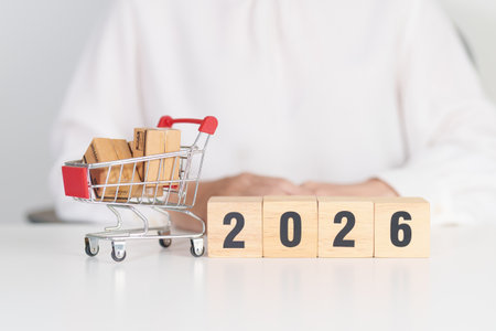 Happy New Year 2026 with shopping cart. online shopping, Marketplace platform website, technology,...