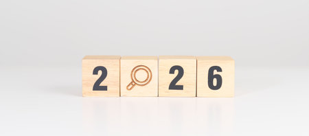 2026 year block with magnifying glass icon. SEO, Search Engine Optimization, hiring , Advertising,...