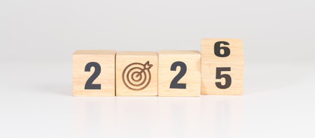 2025 year change to 2026 year block with dartboard icon. Goal, Target, Resolution, strategy, plan,...