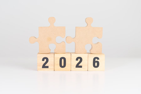 2026 year block with jigsaw puzzle icon. Business Process, Team, teamwork, Goal, mission, Resolution, strategy, plan, Action, partnership, and New Year startの写真素材