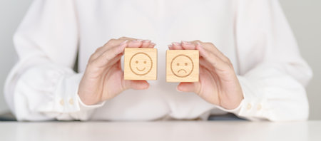 Woman show Emotion face block, Mental health Assessment, Psychology, Health Wellness, Feedback, Customer Review, Experience, Satisfaction Survey, Opinion, Evaluation and World Mental Health dayの写真素材